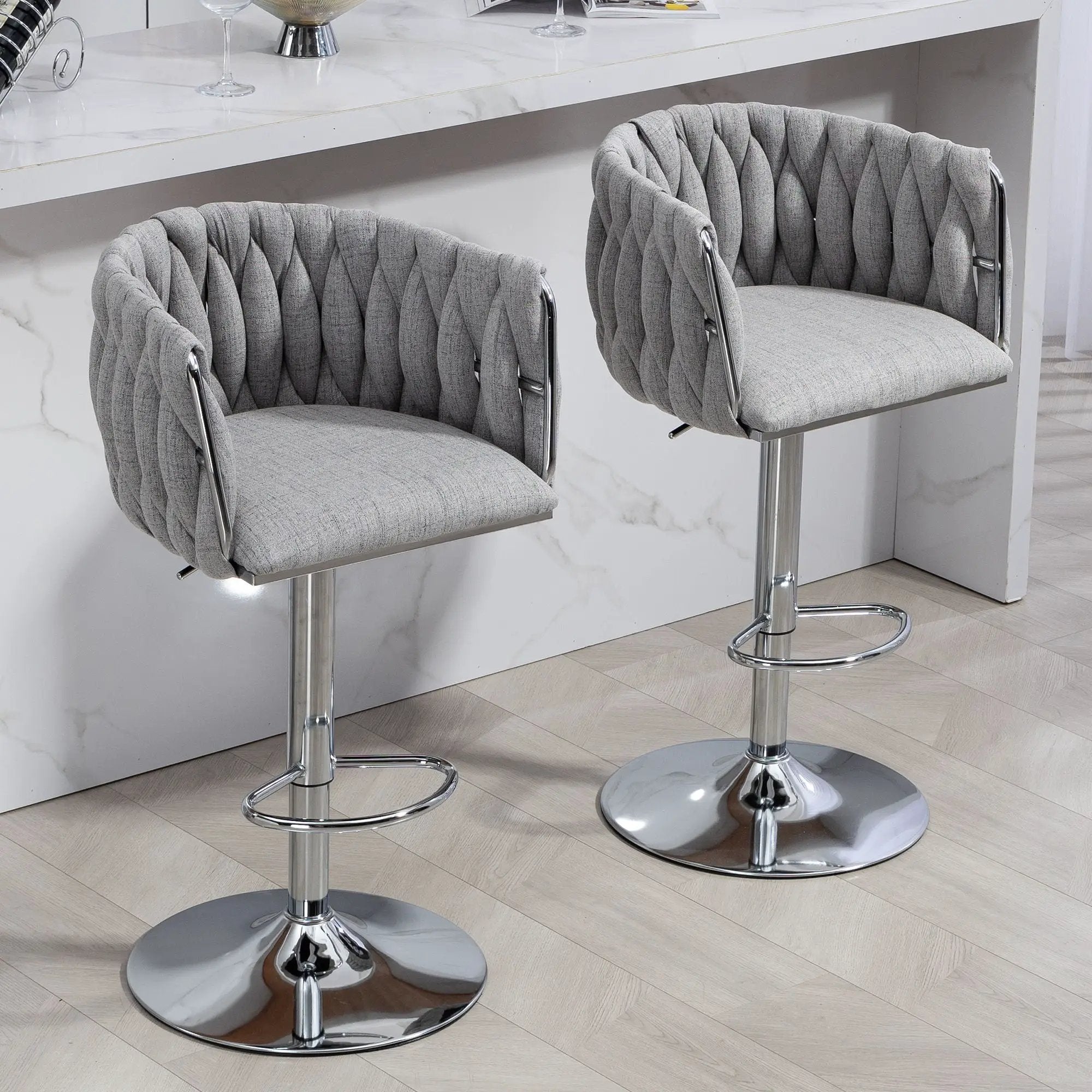 360 Degree Swivel Bar Stools Adjustable Counter Height Bar Chairs With Woven Back & Footrest, Silver Chromed Bar Stools For Kitchen Island (Set of 2) - Gray by HouseOfZazla