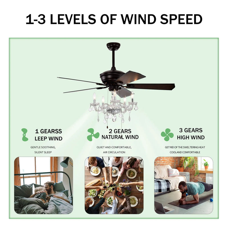 52" Crystal Shade Ceiling Fan Lamp, 3 Speed, 4 Timing, 5 Reversible Blades Crystal Ceiling Fan, 5 Pieces X E12 (No Include Bulb), Hand Pull Chain - Matte Black by HouseOfZazla