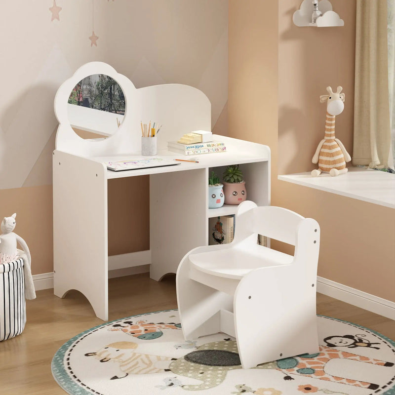 Kids Vanity Table With Mirror And Chair, Dressing Makeup Desk With Storage Shelves - White by Unique Piece Furniture