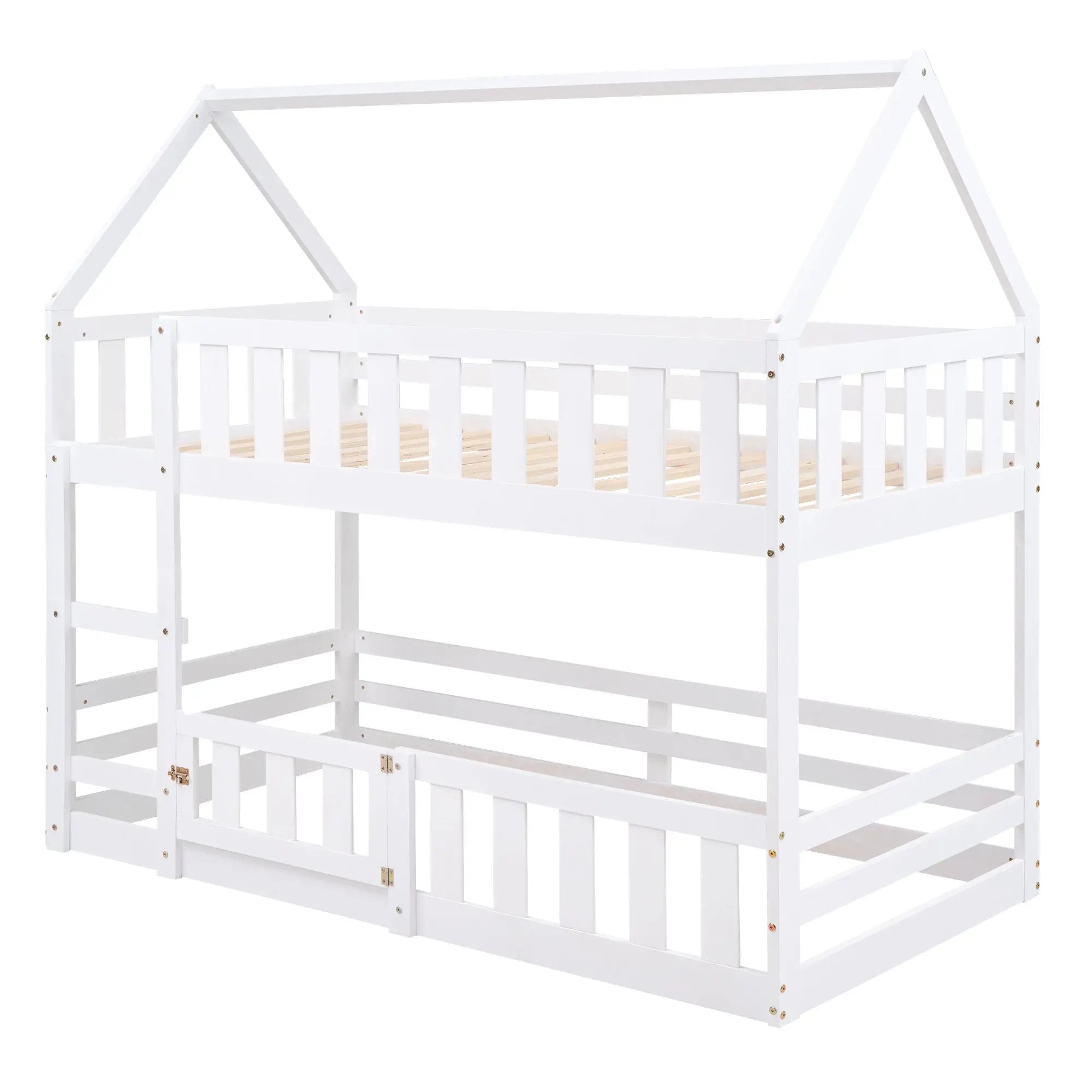 Twin Over Twin House Bunk Bed With Fence And Door by HouseOfZazla