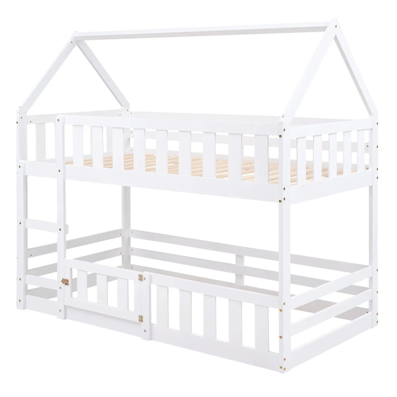 Twin Over Twin House Bunk Bed With Fence And Door by HouseOfZazla
