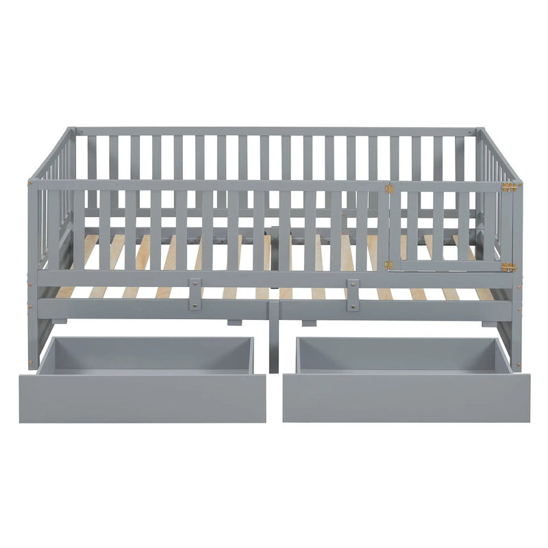 Daybed With Fence Guardrails And 2 Drawers, Split Into Independent Floor Bed & Daybed by HouseOfZazla
