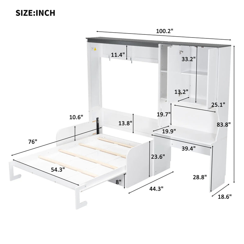 Multi Functional Murphy Bed With Sofa, Desk, And Storage Cabinet In, Full Size - White by Unique Piece Furniture