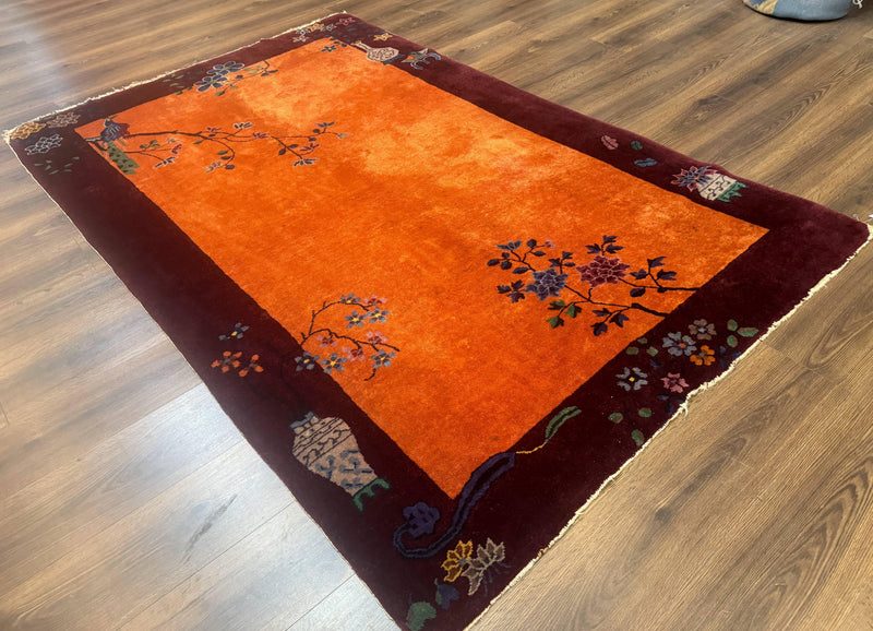 Chinese Art Deco Rug 5x8, Antique Chinese Wool Rug, Nichols Rug, Rare Chinese Carpet, Orange and Purple-Maroon by Jewel Rugs