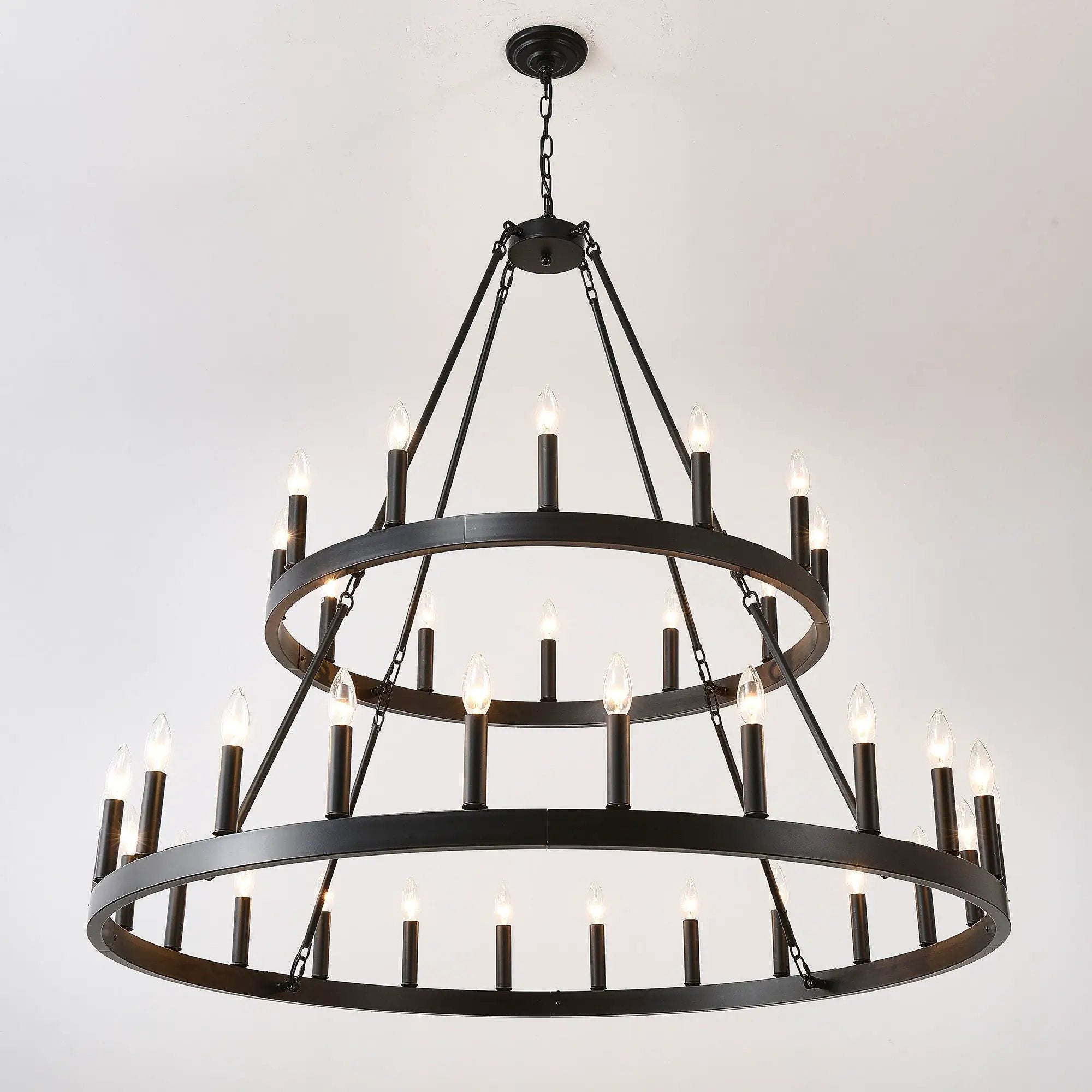 2 Tiers Wagon Wheel Chandelier Wooden Farmhouse 36 Light (24 / 12) Or (12 / 24) Metal Chandeliers 2 Story Light Fixtures Industrial For High Ceiling Living Dining Room Foyer, Adjustable Height - Black by HouseOfZazla