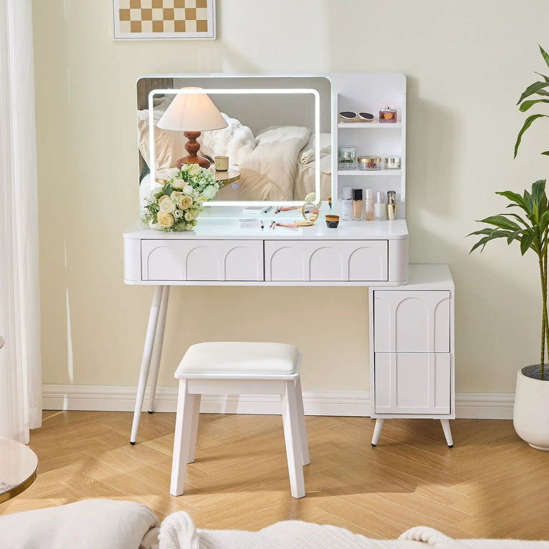 Modern Makeup Vanity Desk With LED Lights & Mirror 4 Drawer Dressing Table Set Space Saving For Bedroom - White by Unique Piece Furniture