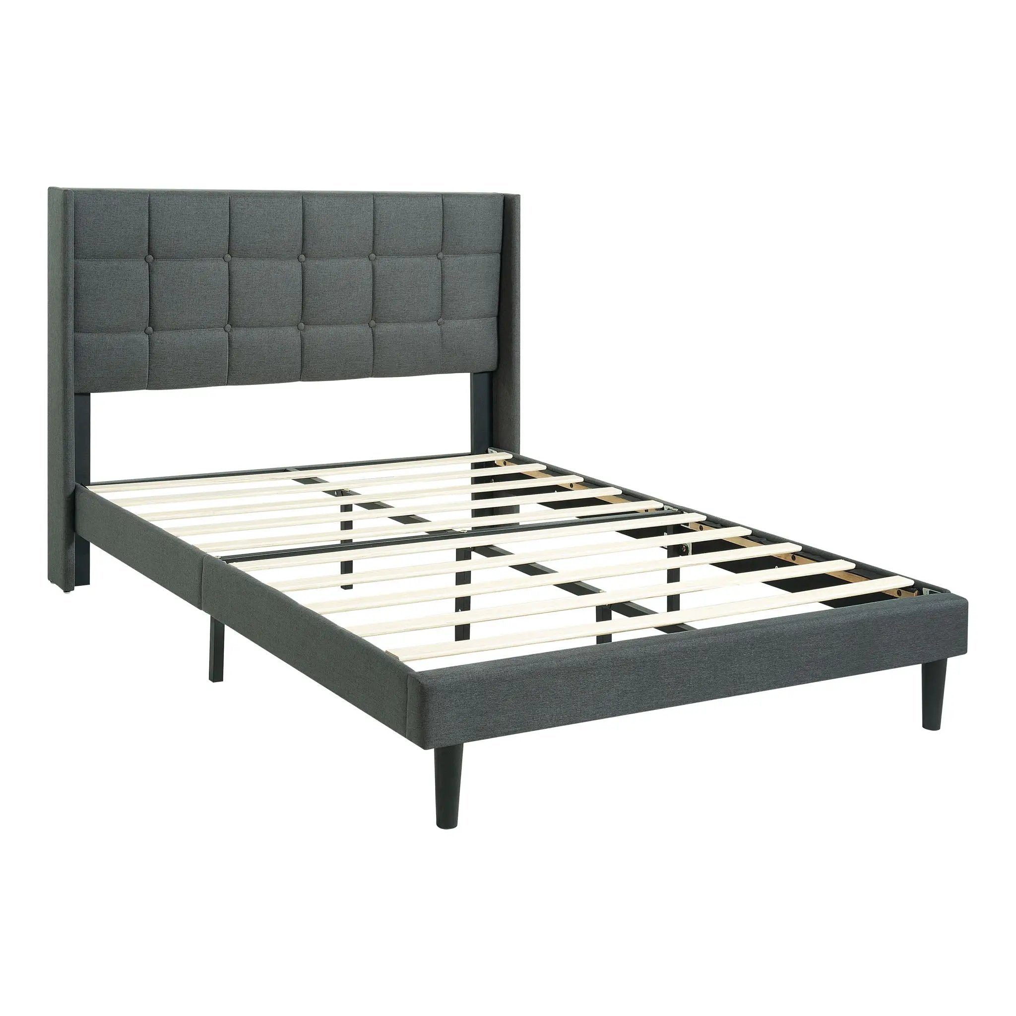 Queen Size Upholstered Platform Bed Frame With Button Tufted Linen Fabric Headboard - Dark Gray by HouseOfZazla