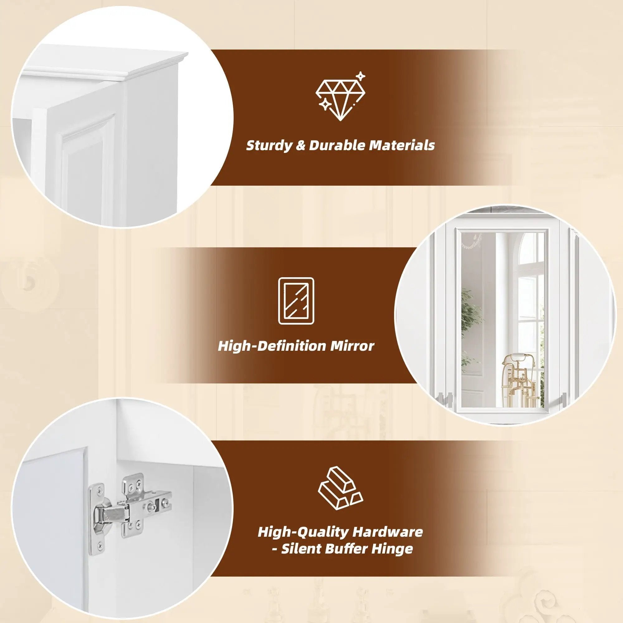 Wall Mounted Mirror Cabinet With 5 Adjustable Shelves, Rectangular Storage For Bathroom - White