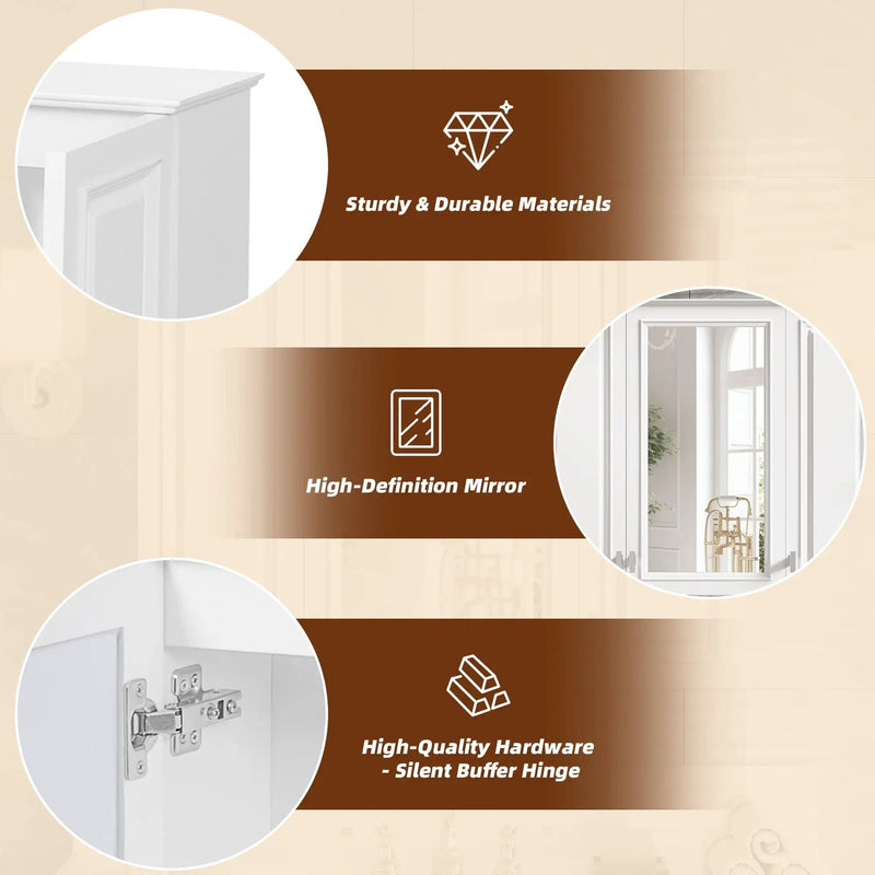 Wall Mounted Mirror Cabinet With 5 Adjustable Shelves, Rectangular Storage For Bathroom - White