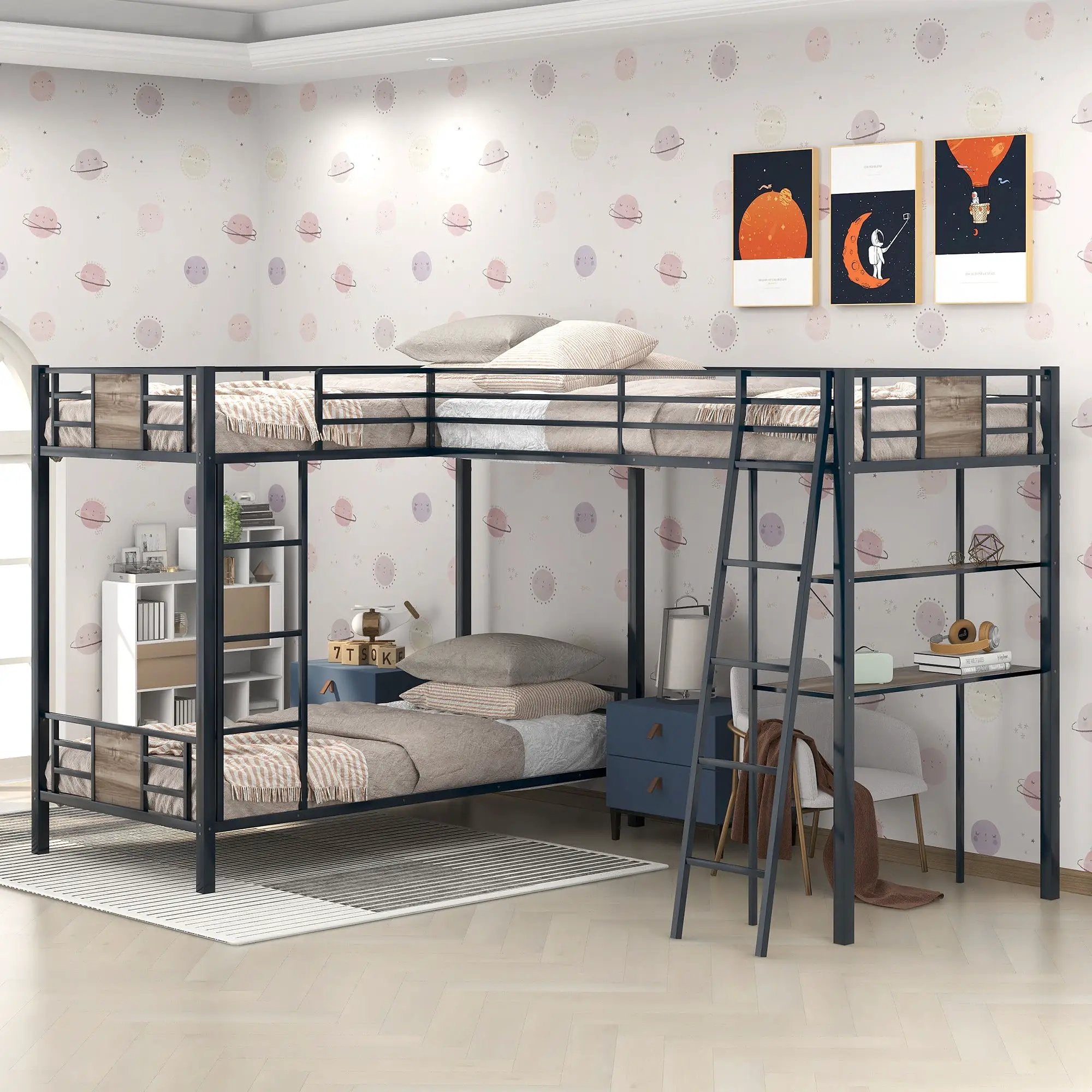 L-Shaped Twin Over Twin Bunk Bed With Twin Size Loft Bed With Desk And Shelf - Brown by HouseOfZazla