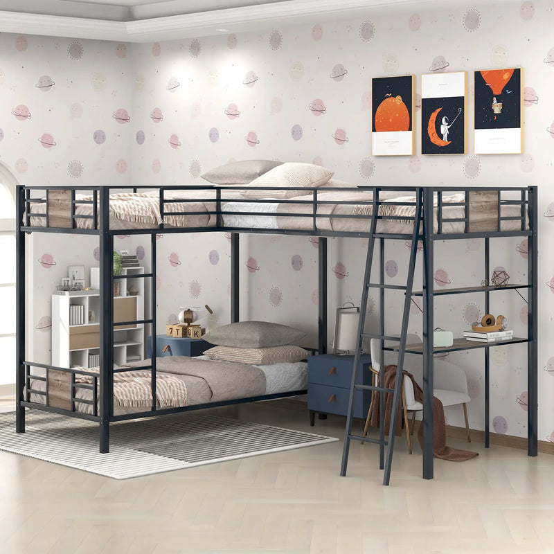 L-Shaped Twin Over Twin Bunk Bed With Twin Size Loft Bed With Desk And Shelf - Brown by HouseOfZazla
