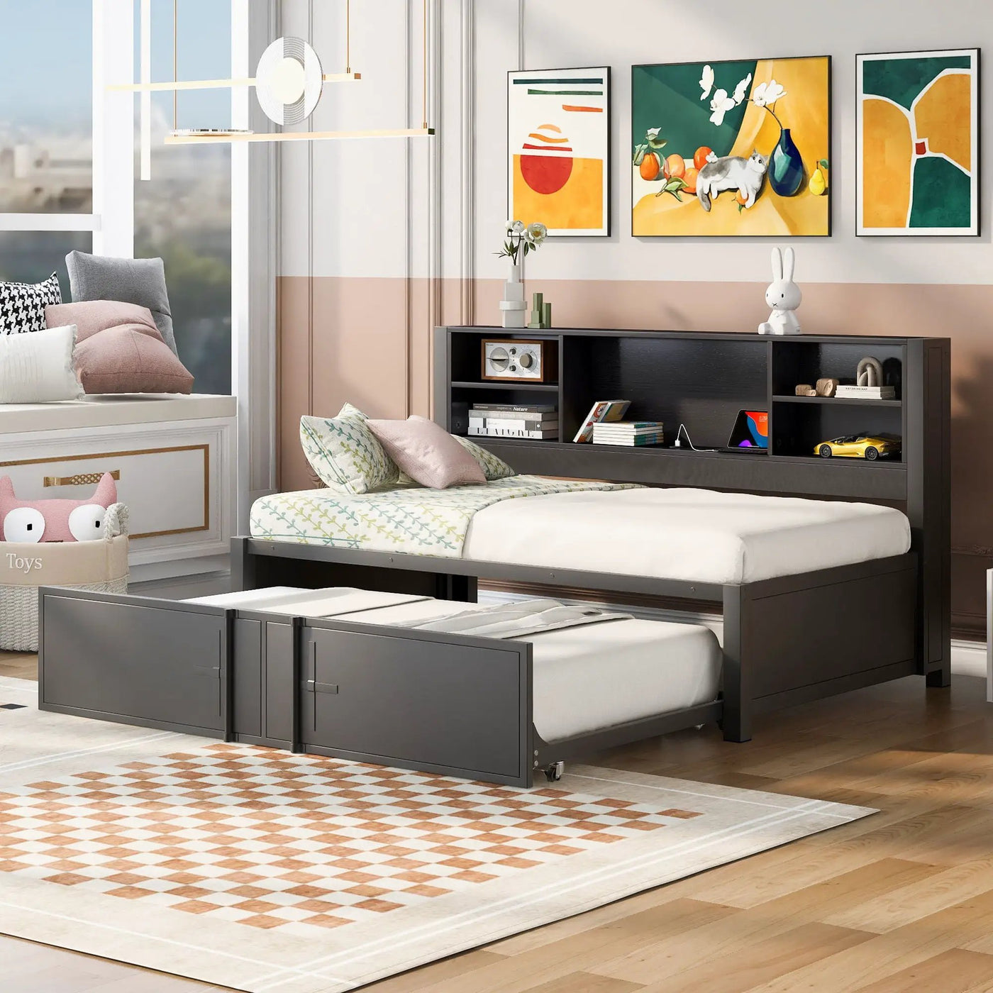 Industrial Metal Daybed With Trundle, Storage Shelves, USB Ports by Unique Piece Furniture