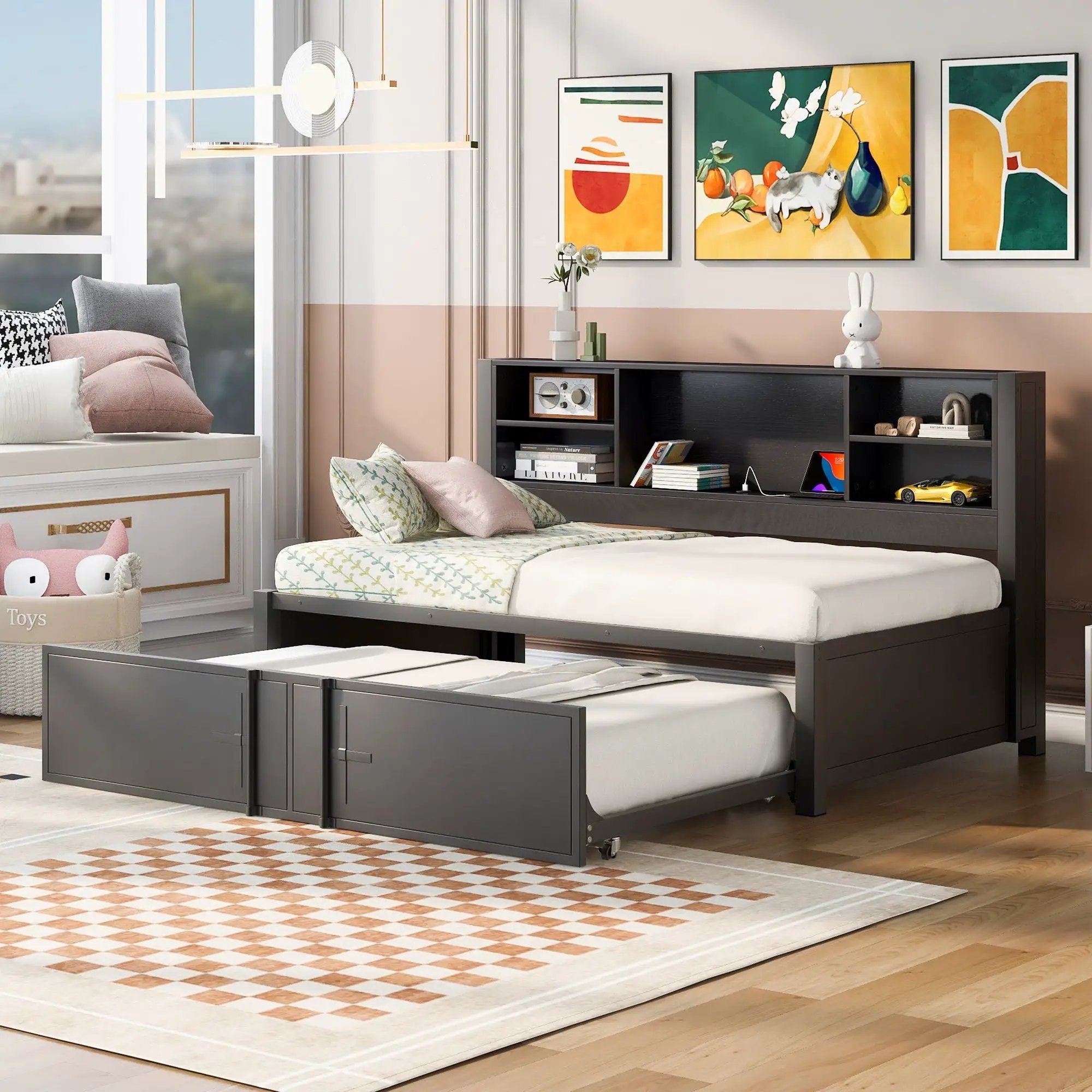 Industrial Metal Daybed With Trundle, Storage Shelves, USB Ports by HouseOfZazla