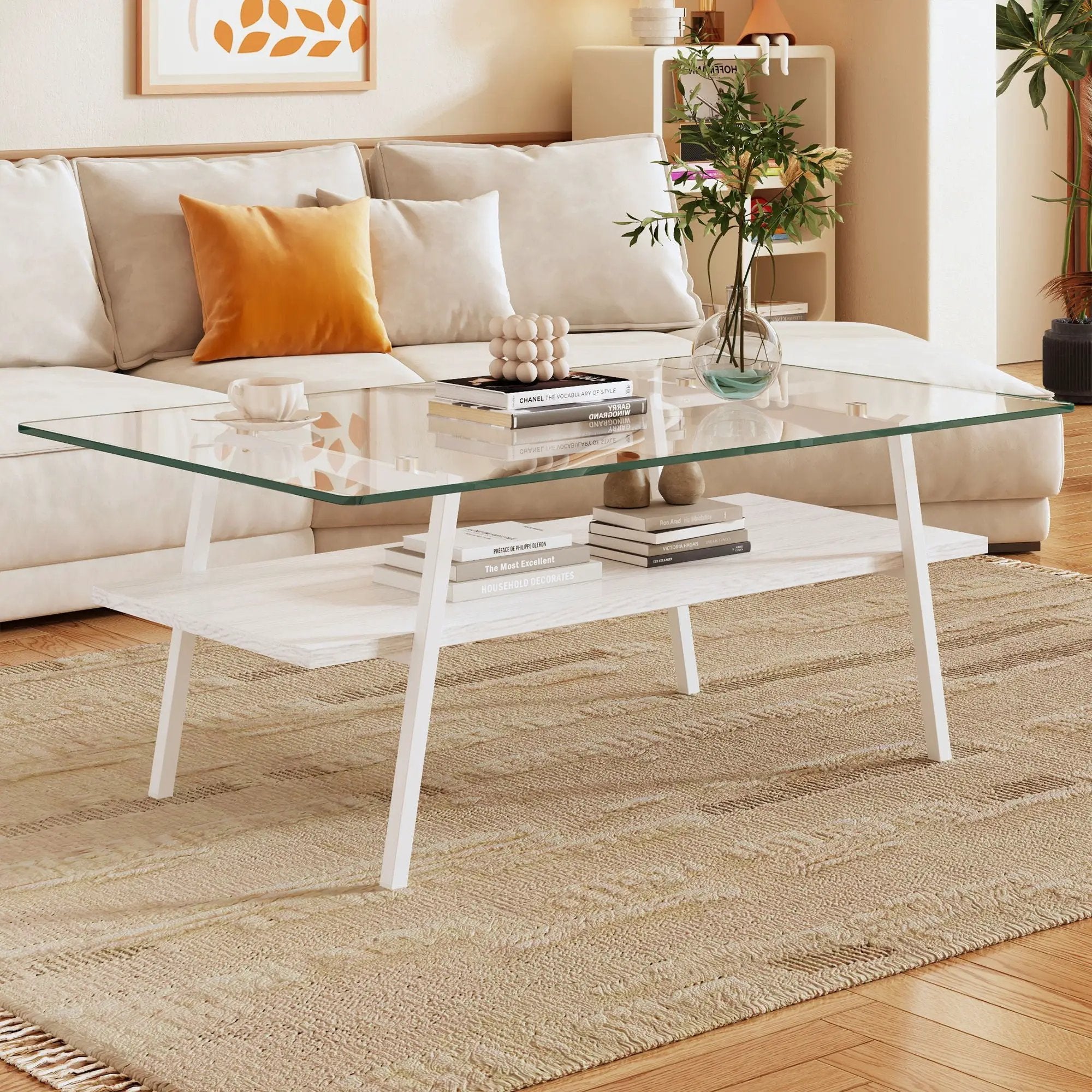 Rectangle Coffee Table, Tempered Glass Tabletop With Metal Legs, Modern Table For Living Room by HouseOfZazla