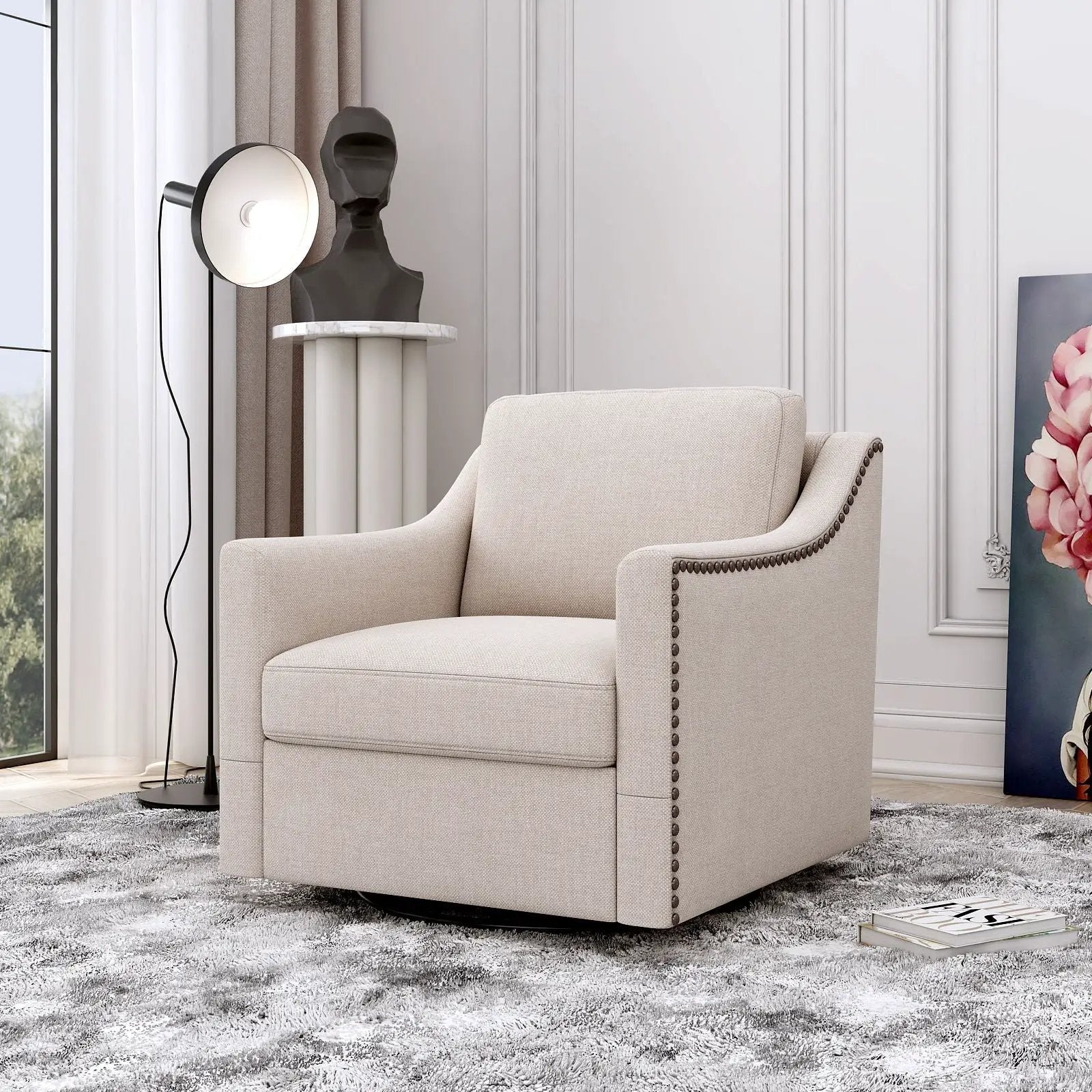 360 Degree Swivel Armchair, Skin Friendly Fabric, Ergonomic Design, Brass Nail Decorative Armchair by Unique Piece Furniture