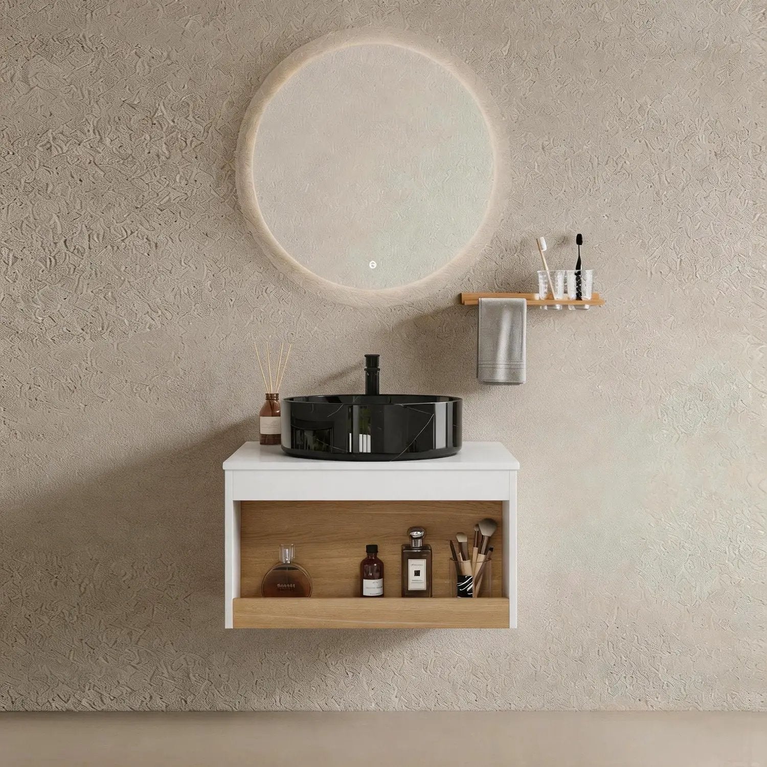 Floating Bathroom Vanity With Vessel Sink With Open Shelf Storage