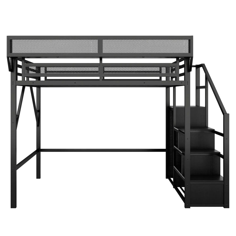 Queen Size Loft Bed With Stairs, Storage Shelves, Wardrobe - Black by HouseOfZazla