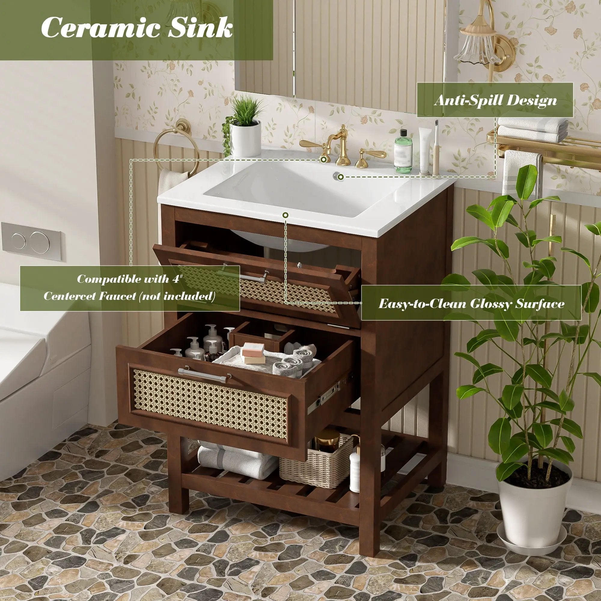 Modern Bathroom Vanity With Integrated Sink, Cabinet With 1 Deep Drawer And 1 Tip-Out Drawer by Unique Piece Furniture