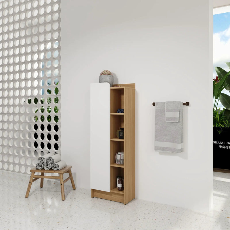 Tall Freestanding Bathroom Side Cabinet With Single Door & 4 Tier Open Shelves - Black / Light Oak / White by Unique Piece Furniture