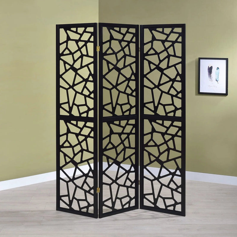 3 Panel Folding Screen With Mosaic Cutout Design - Black by HouseOfZazla
