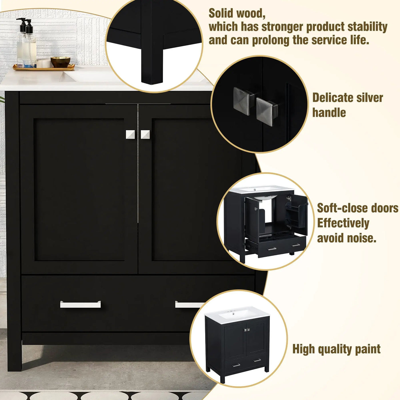 Bathroom Vanity With Single Sink, Combo Cabinet Undermount Sink, Bathroom Storage Cabinet With Two Doors And A Drawer, Soft Closing, Multifunctional Storage, Solid Wood Frame by Unique Piece Furniture