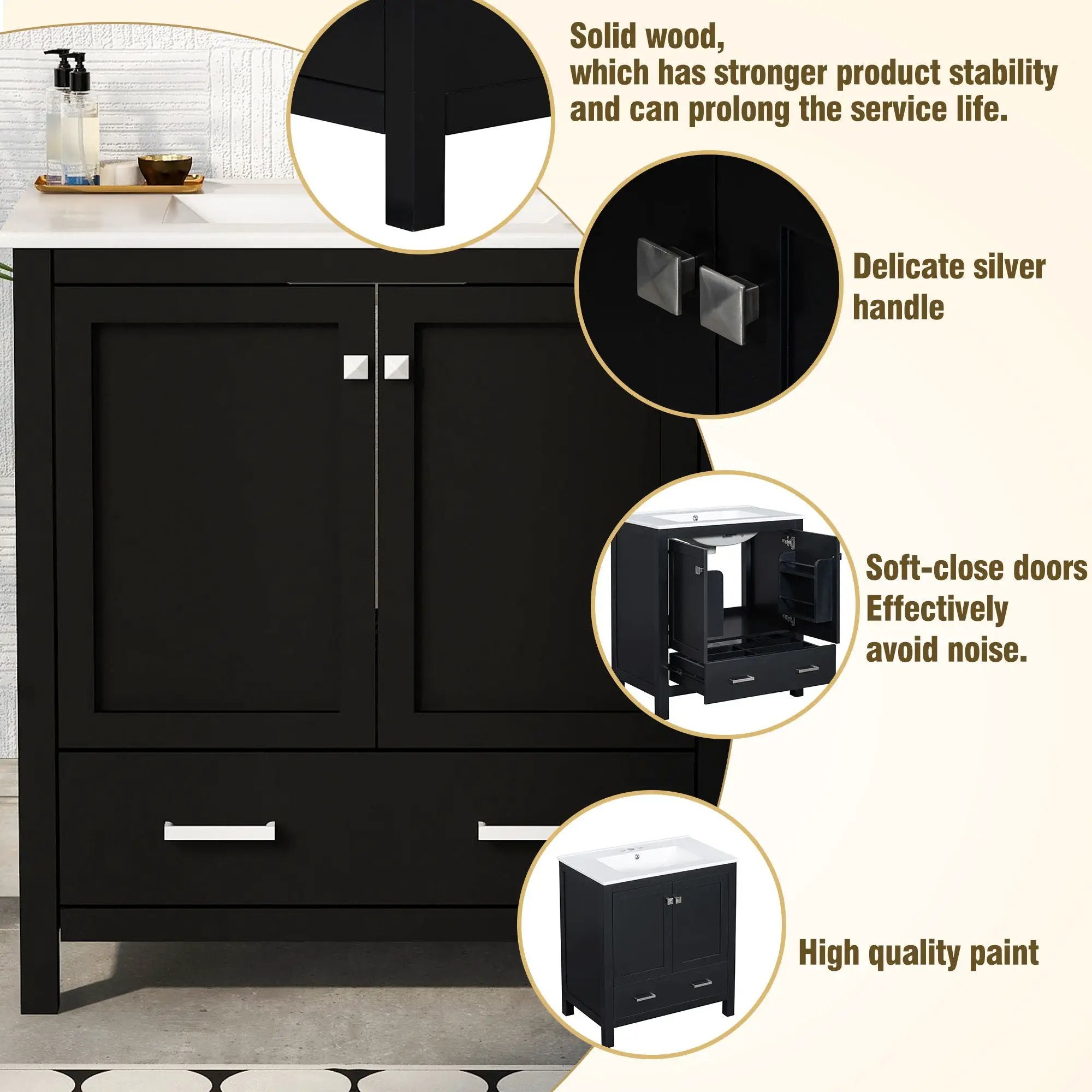 Bathroom Vanity With Single Sink, Combo Cabinet Undermount Sink, Bathroom Storage Cabinet With Two Doors And A Drawer, Soft Closing, Multifunctional Storage, Solid Wood Frame by HouseOfZazla