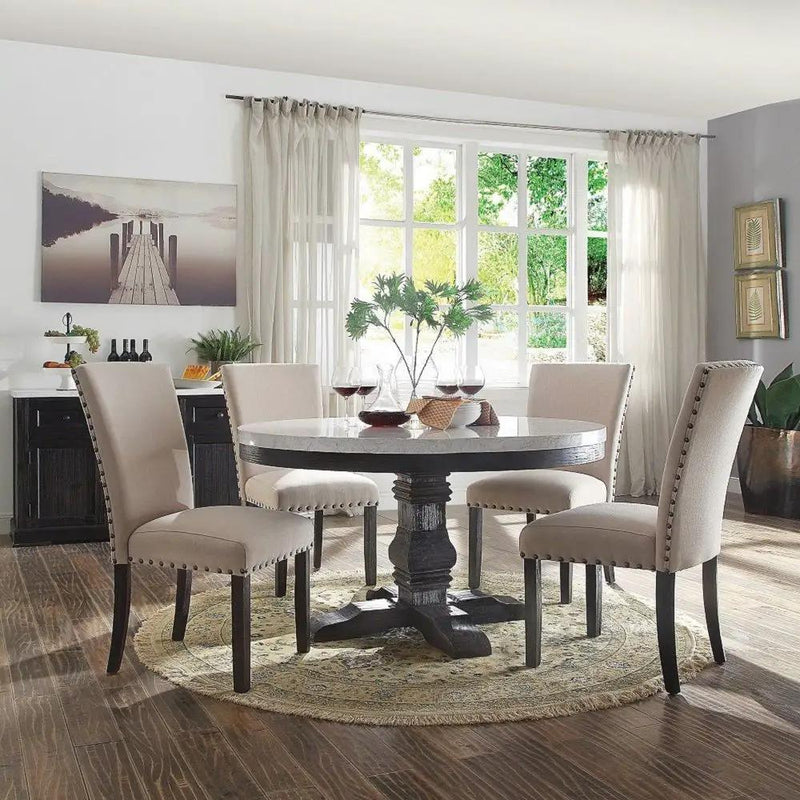 Nolan - Round Dining Table - White Marble Top & Salvage Dark Oak by Unique Piece Furniture