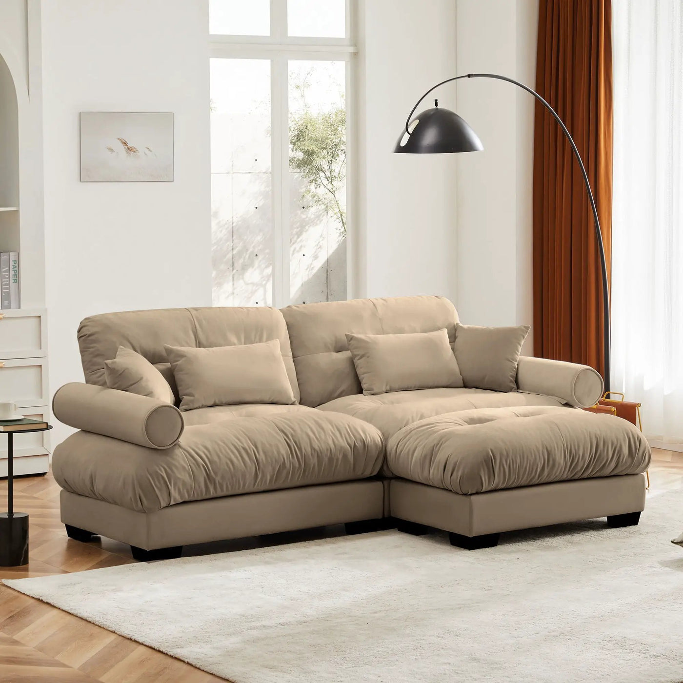 Modern Sectional Sofa With Ottoman, Round Bolster Armrests, Waist And Throw Pillows by Unique Piece Furniture