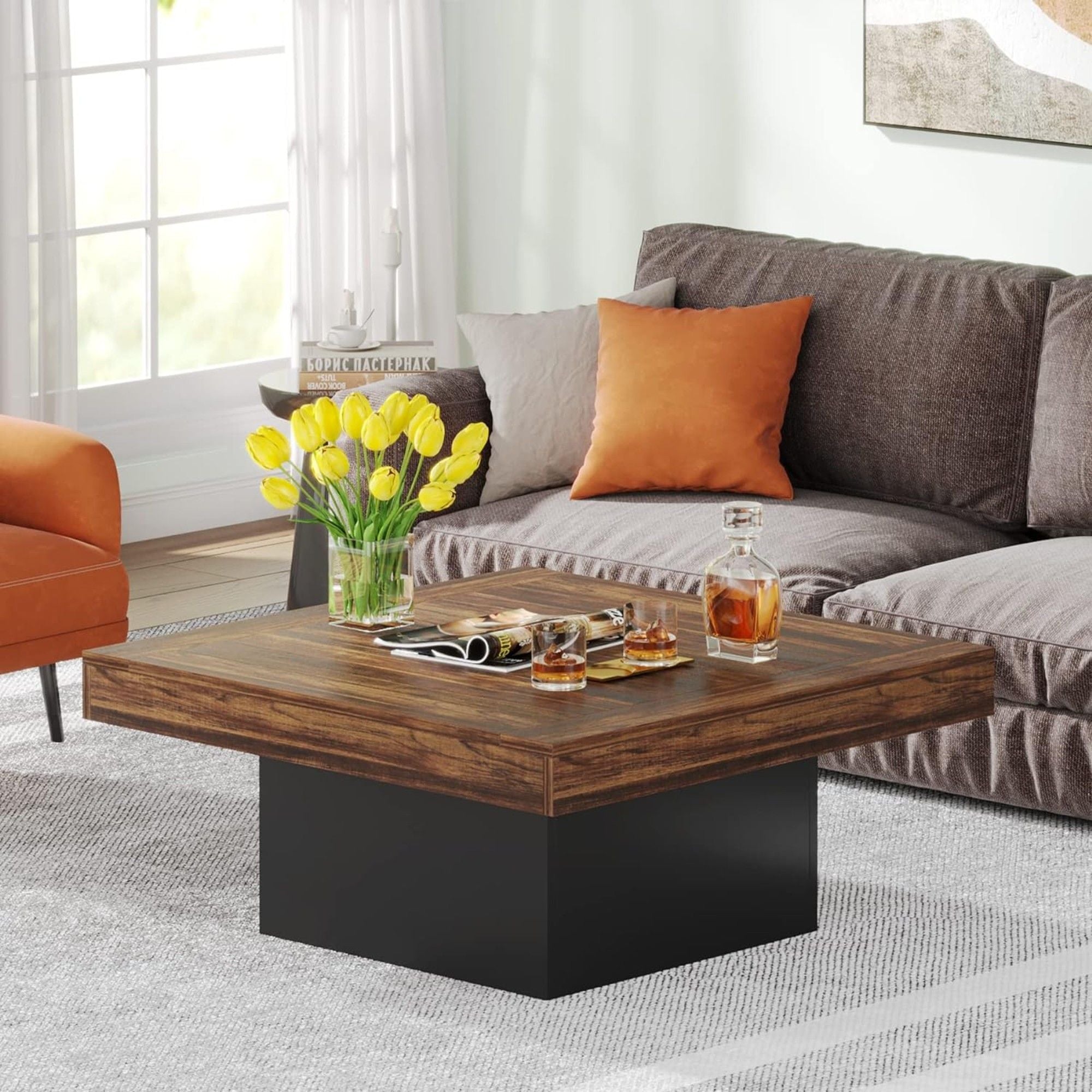 LED Coffee Table With Base, Center Table For Living Room - Rustic Brown by HouseOfZazla