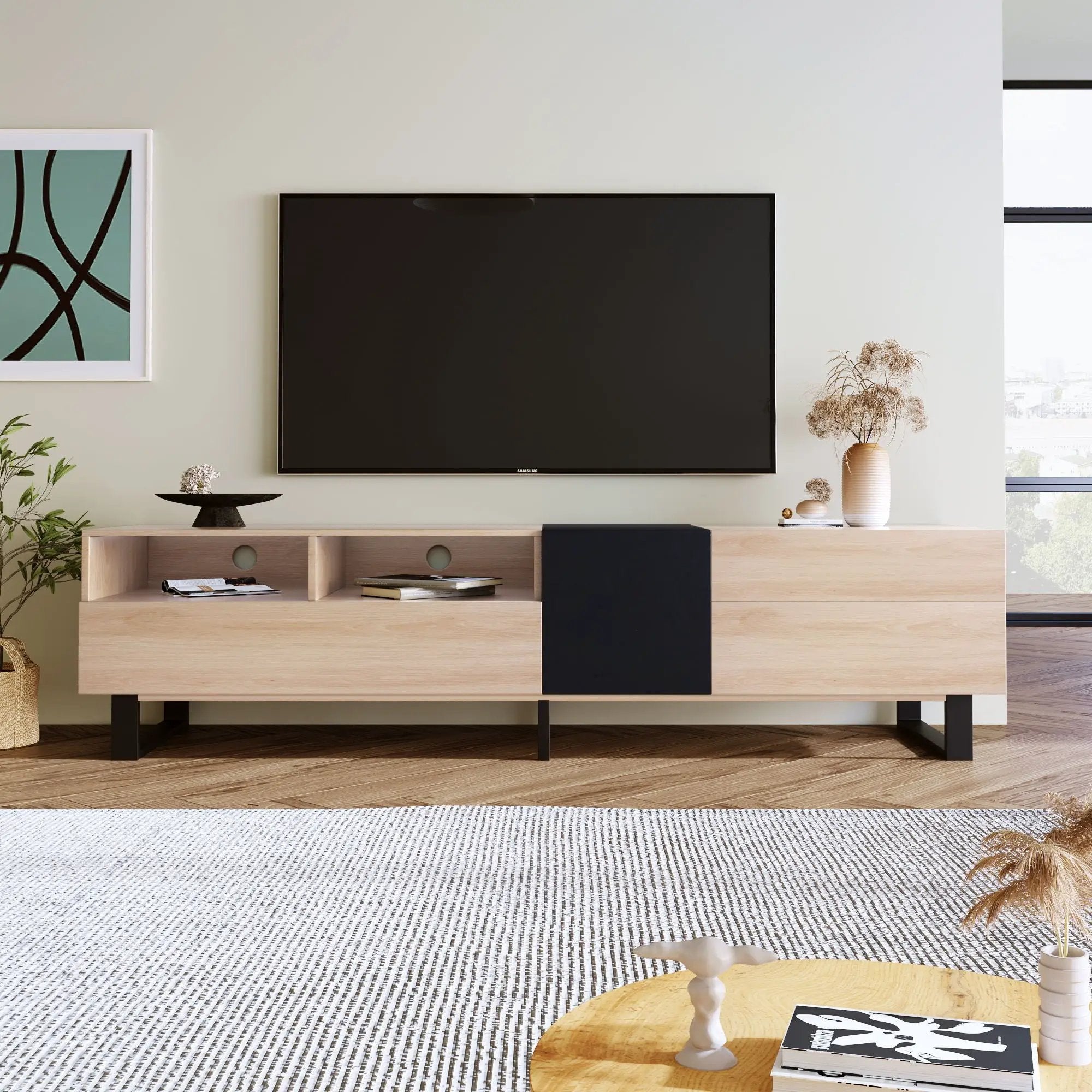 TV Stand For 80'' TV With Double Storage Space, Media Console Table With Drop Down Door by Unique Piece Furniture