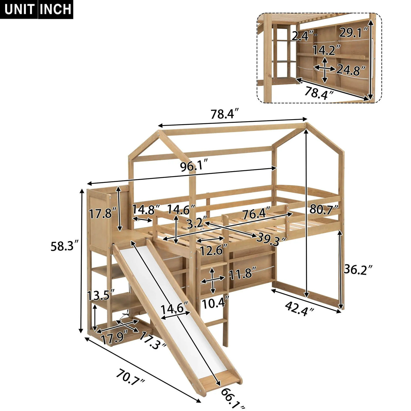 House Loft Bed With Slide, Storage Shelves And Light, Climbing Ramp by HouseOfZazla
