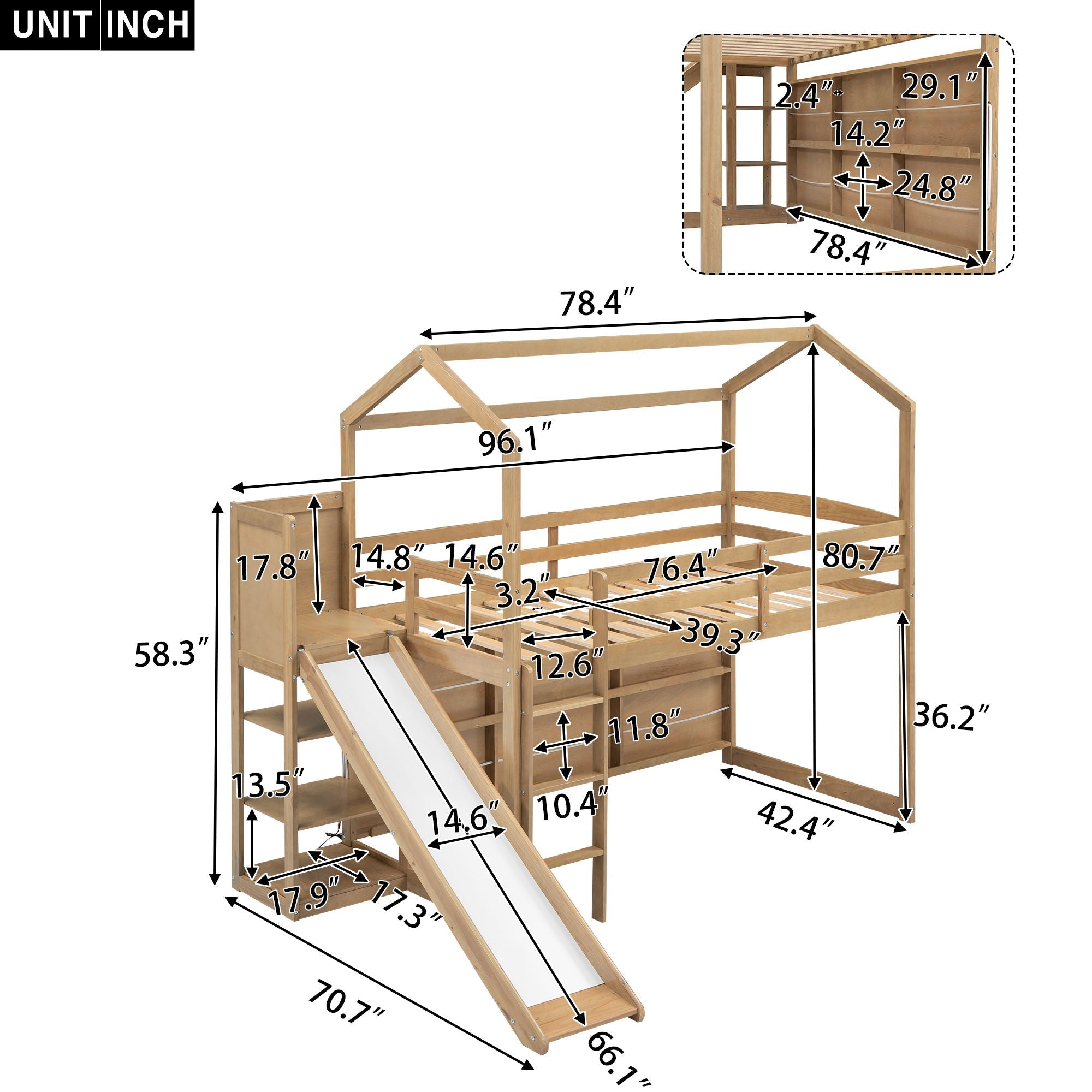 House Loft Bed With Slide, Storage Shelves And Light, Climbing Ramp by Unique Piece Furniture