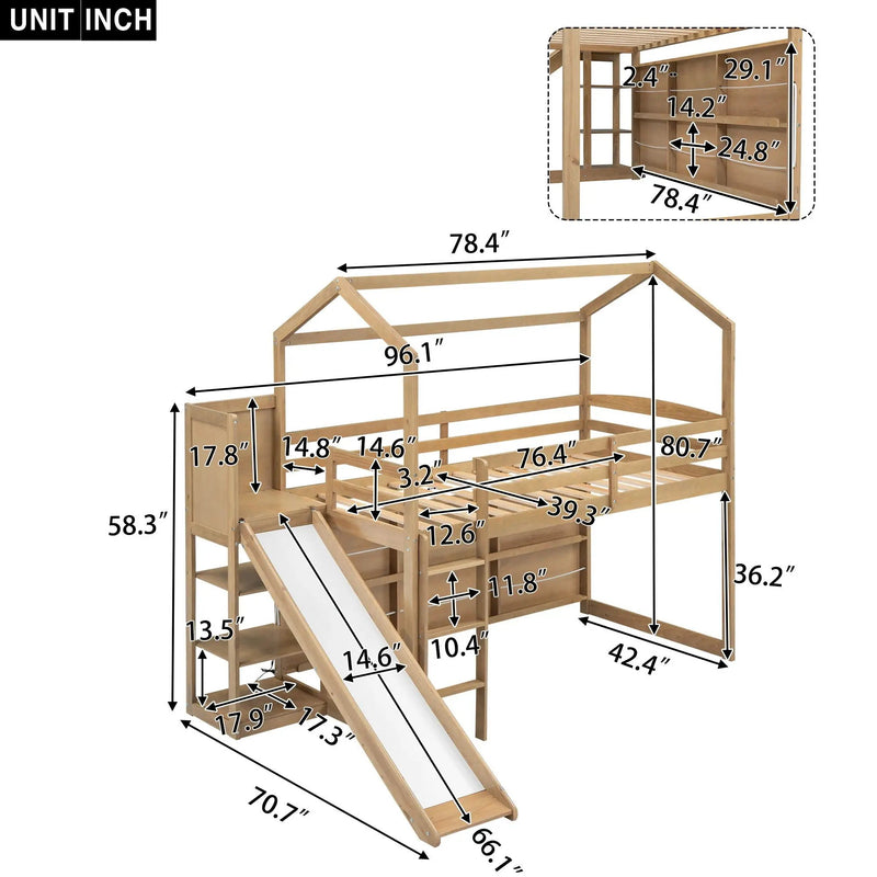 House Loft Bed With Slide, Storage Shelves And Light, Climbing Ramp by HouseOfZazla