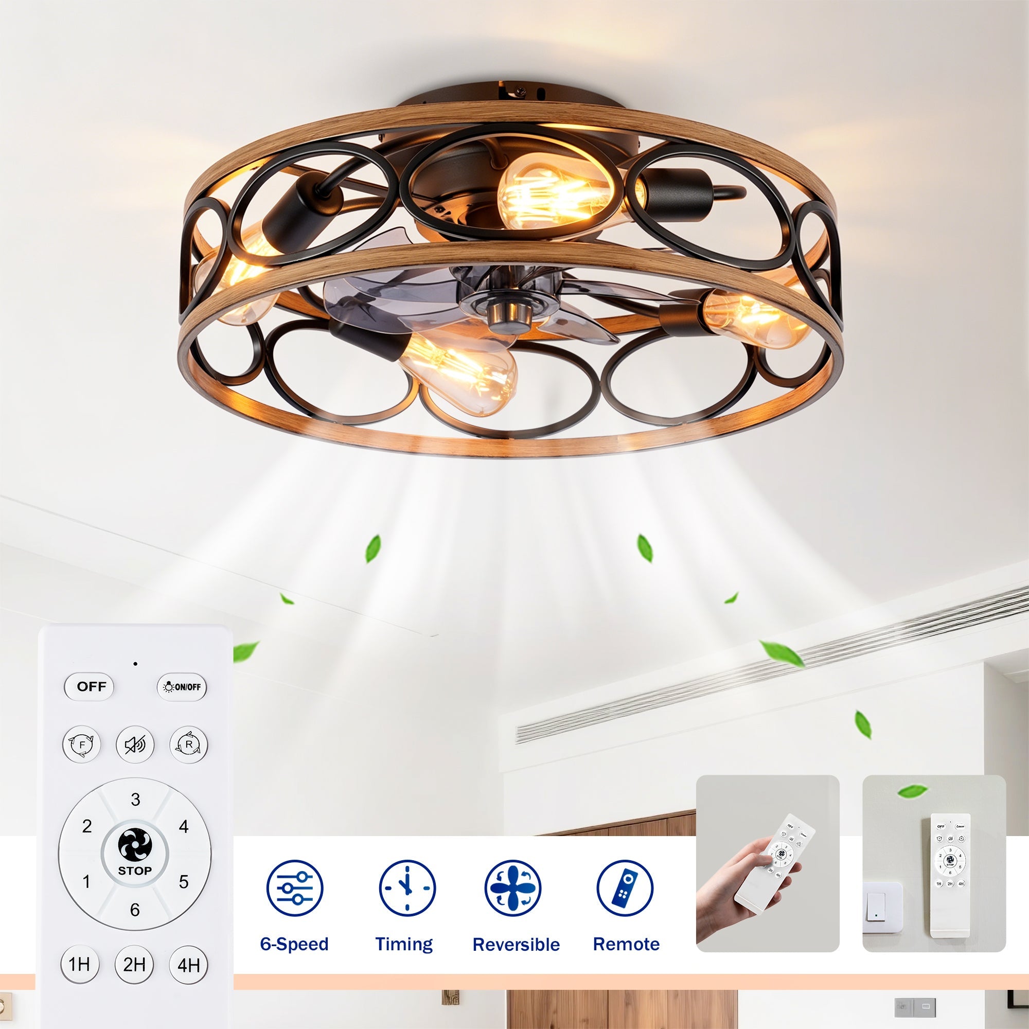 19-Inch 7-Blade Caged Flush Mount Ceiling Fan with Remote Control by HouseOfZazla