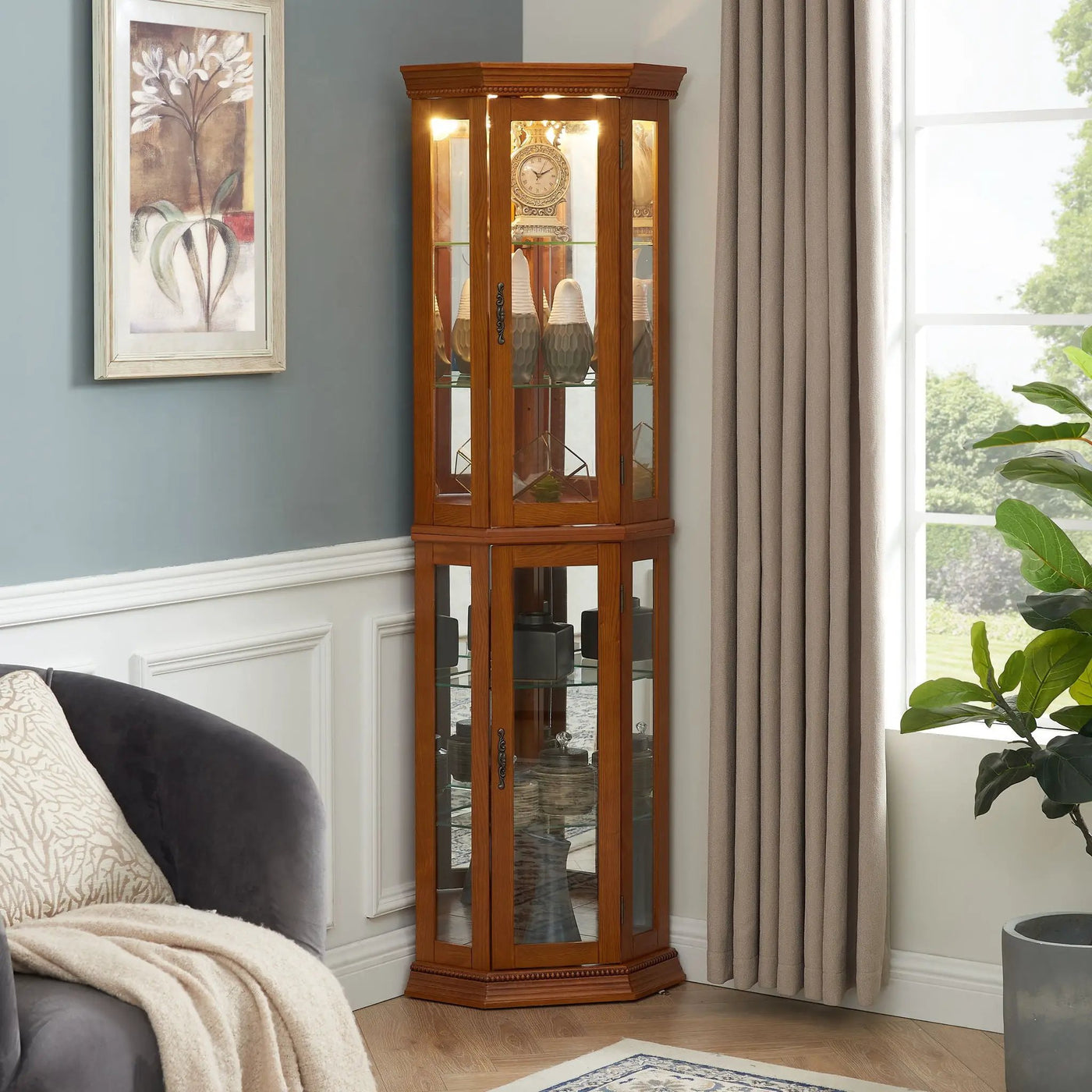 Corner Curio Cabinet With Lights, Adjustable Tempered Glass Shelves, Mirrored Back, Display Cabinet (E26 Light Bulb Not Included) by Unique Piece Furniture