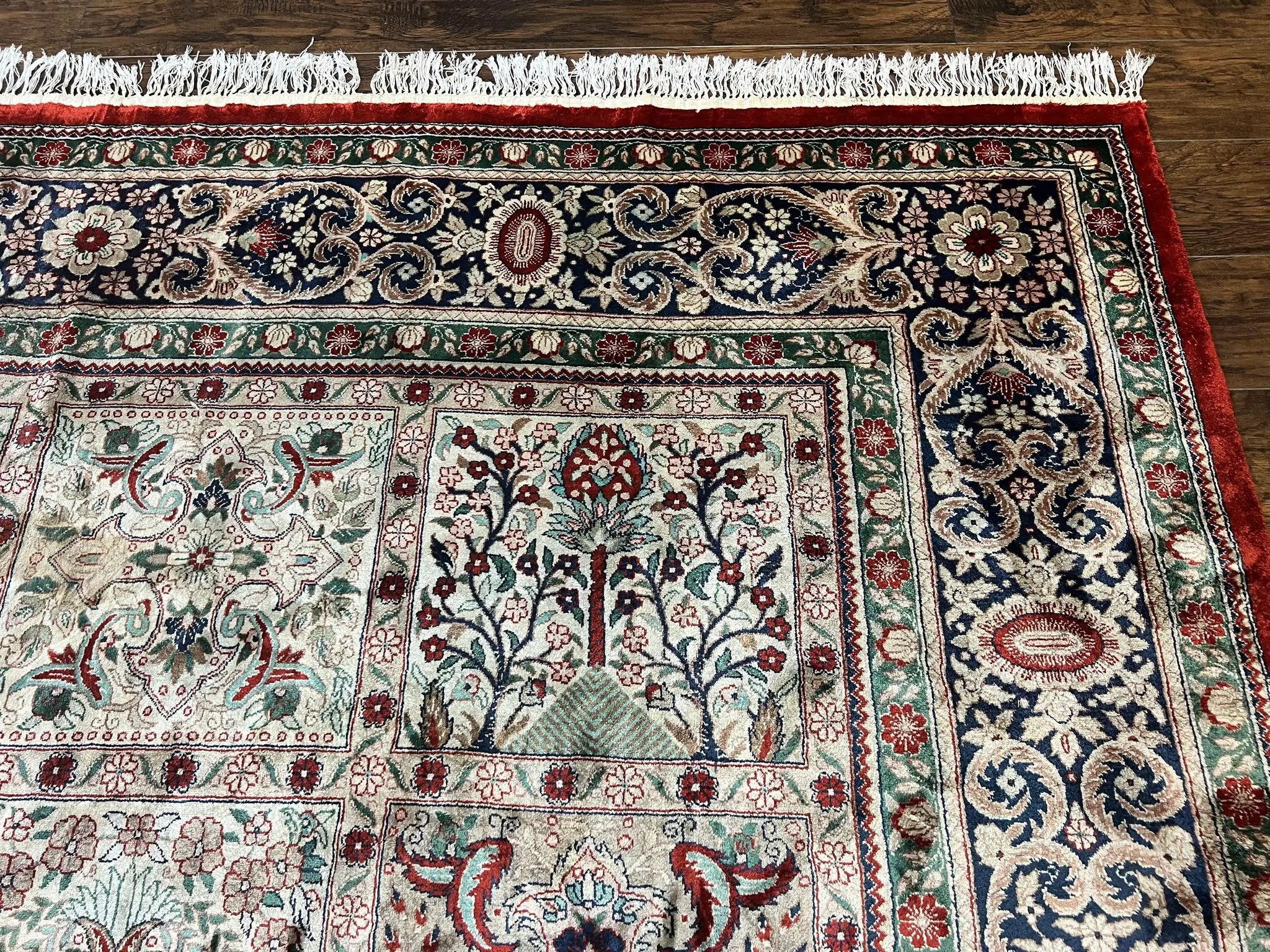 Silk Sino Persian Rug 9x12, Panel Design, Garden of Eden Pattern, Fine 200 KPSI, Hand Knotted Room Sized Silk Carpet, Vintage by Jewel Rugs