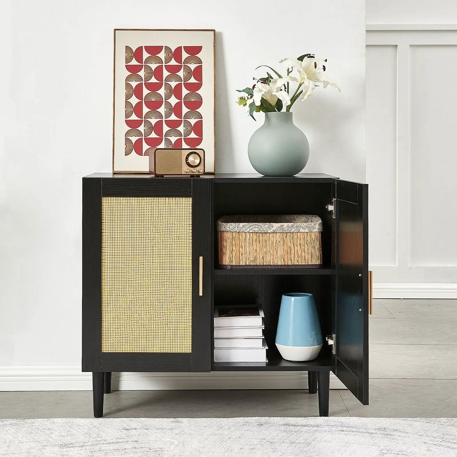 Side Panel Buffet Cabinet With Natural Rattan Door, Rattan Storage Cabinet With Adjustable Shelves, Side Panel And Buffet With Storage Space, Modern Console Cabinet In Bedroom And Living Room - Black / Beige by Unique Piece Furniture