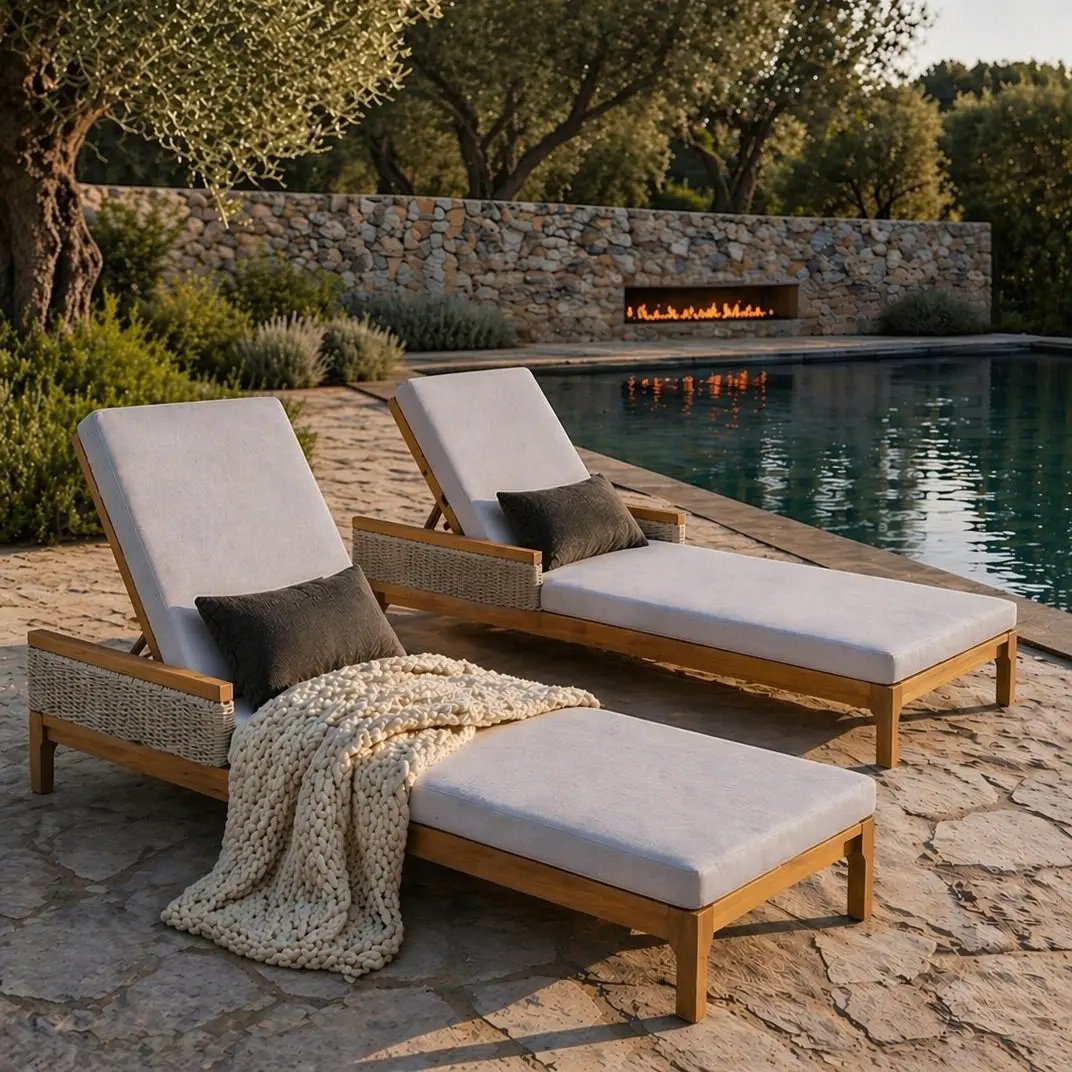 76.8" Solid Acacia Wood Sun Lounger Set of 2 with Grey Cushions by HouseOfZazla