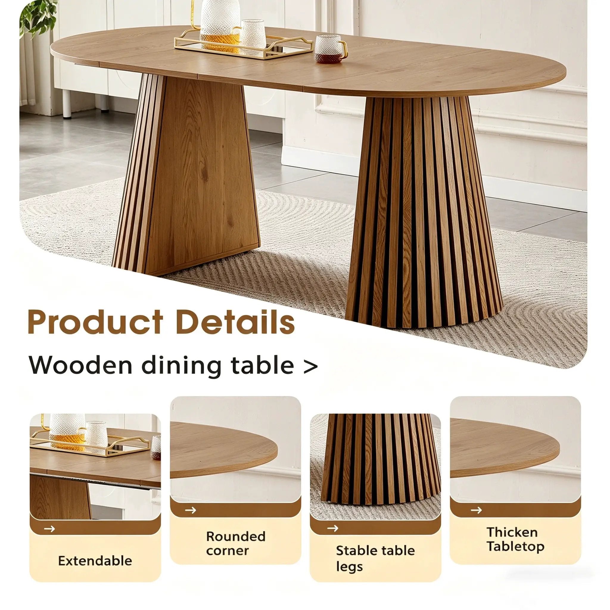 Dining Table, Flexible Extendable Oval Design With Slatted Legs - Natural Wood by HouseOfZazla
