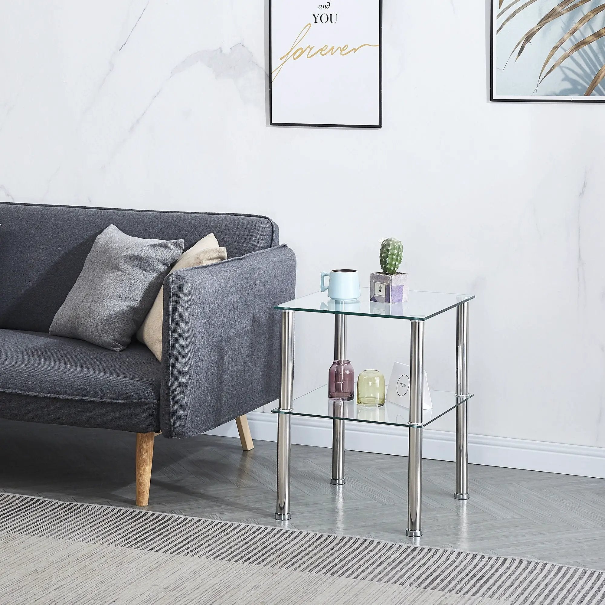 Modern 2 Piece Side Table With Storage Shelf, Tempered Glass, Space Saving Design - Clear by HouseOfZazla