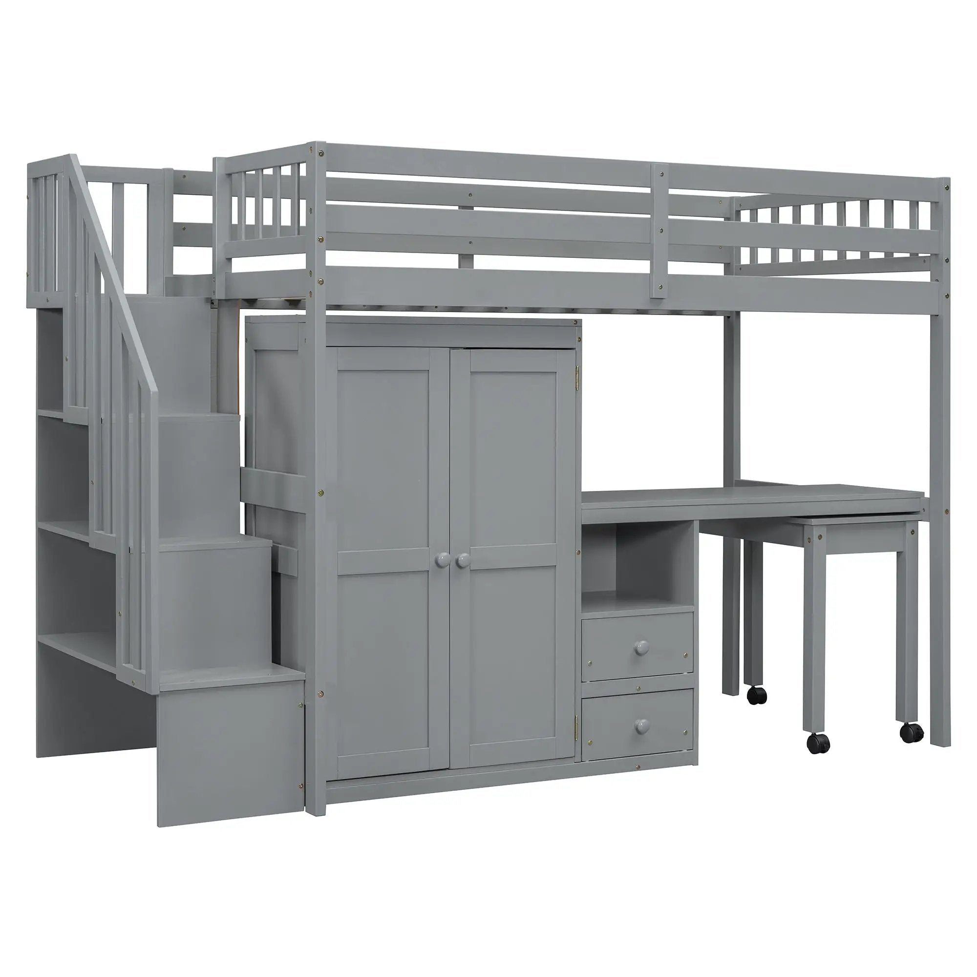Loft Bed With Stairs, Bookshelf, Drawers, Desk & Wardrobe, Space Saving Multifunctional Furniture by HouseOfZazla