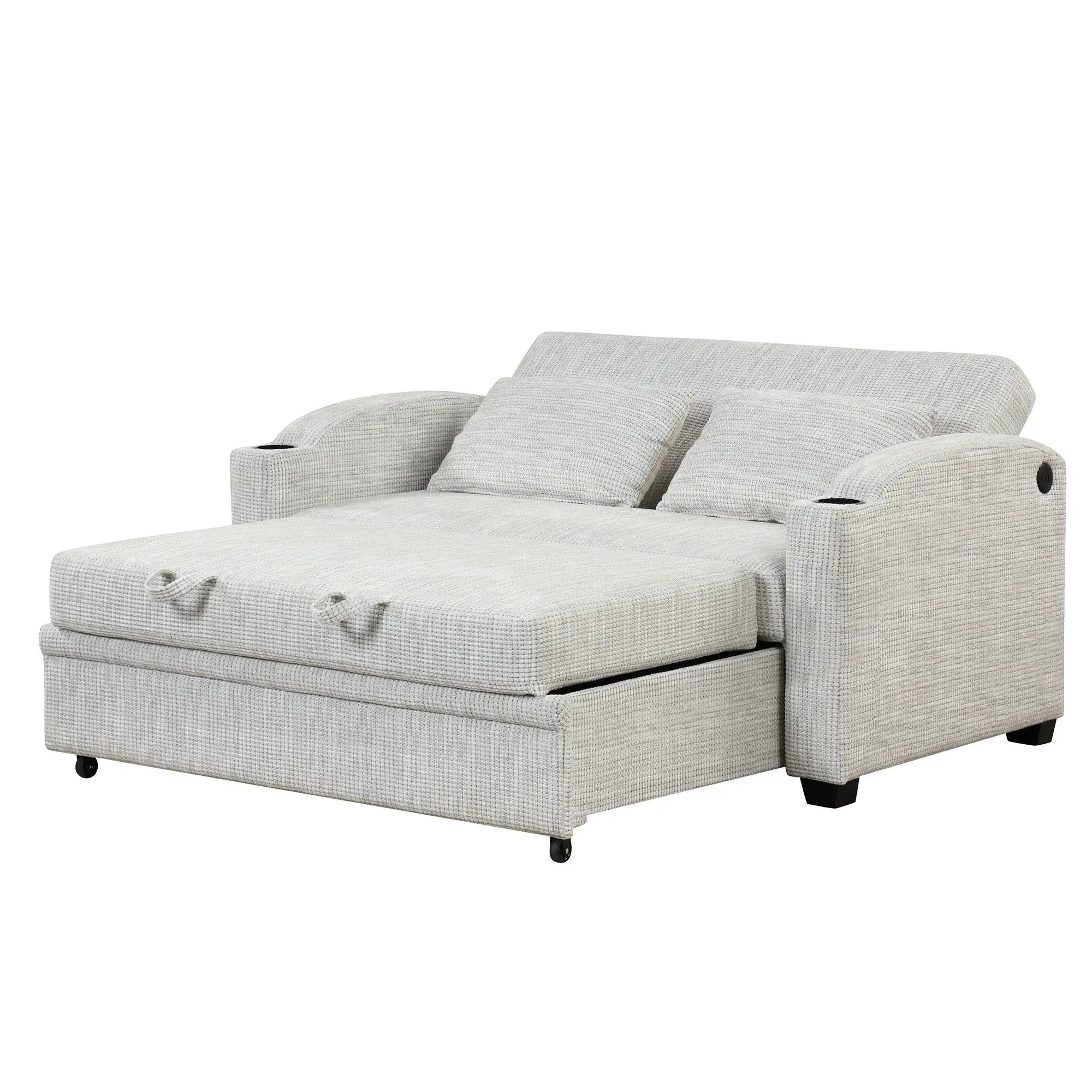 Pull Out Loveseat Sofa With Adjsutable Backrest, 2 Pillows, Cup Holders, USB Ports For Living Room by HouseOfZazla