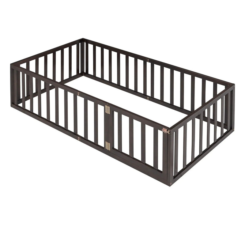 Twin Size Floor Bed Frame With Fence And Door - Walnut by HouseOfZazla