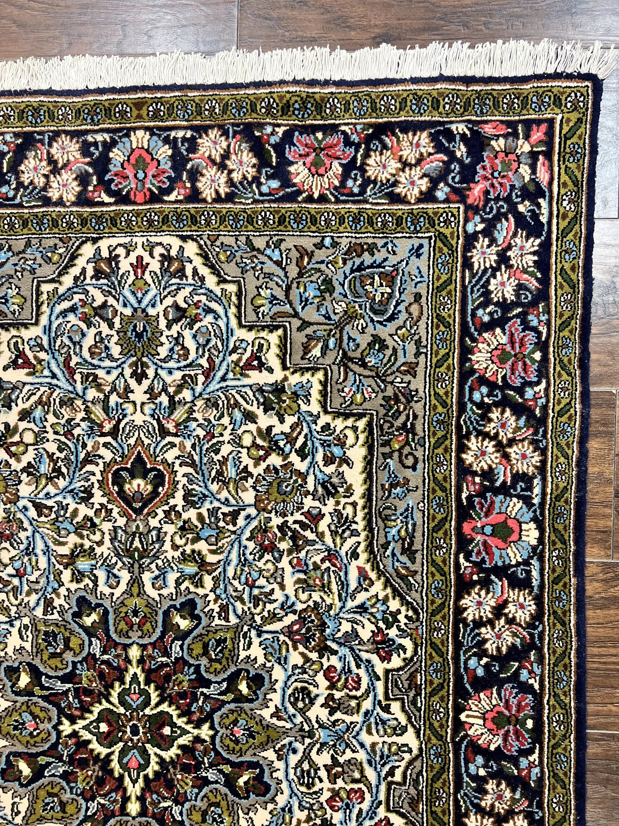 Persian Qum Rug 3x5, Wool with Silk Highlights, Handmade Semi Antique Carpet, Ivory & Navy Blue, Floral Medallion, Finely Hand Knotted by Jewel Rugs