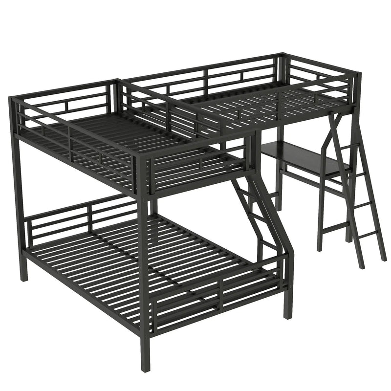 Twin Over Full Bunk Bed With Loft And Desk, L-Shaped Design For 3 Sleepers - Black by HouseOfZazla