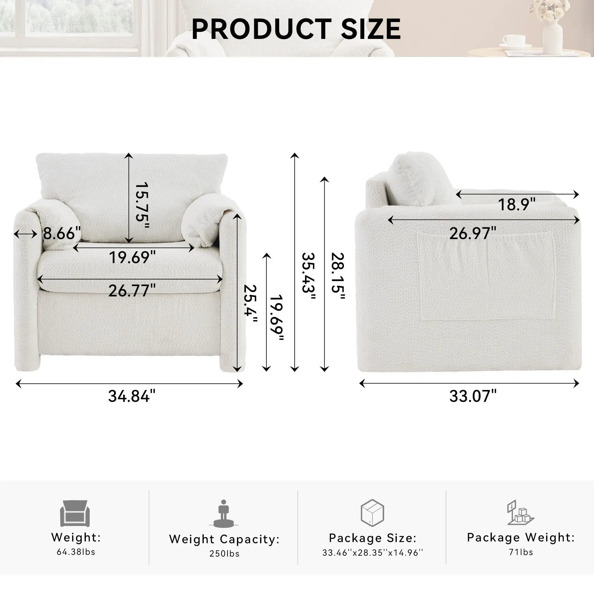Fixed Modern Accent Chair Single Seater Plush Chenille Lounge Chair With High Resilience Cushion - Ivory White by HouseOfZazla