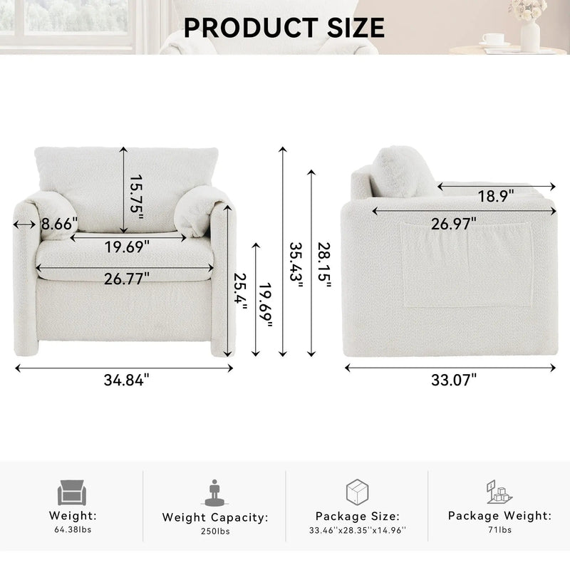 Fixed Modern Accent Chair Single Seater Plush Chenille Lounge Chair With High Resilience Cushion - Ivory White by HouseOfZazla