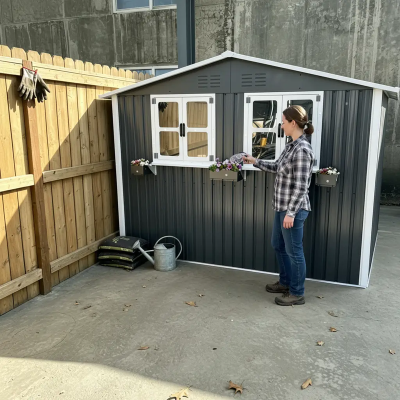6x9 FT Outdoor Metal Storage Shed with Window & Flower Rack by HouseOfZazla