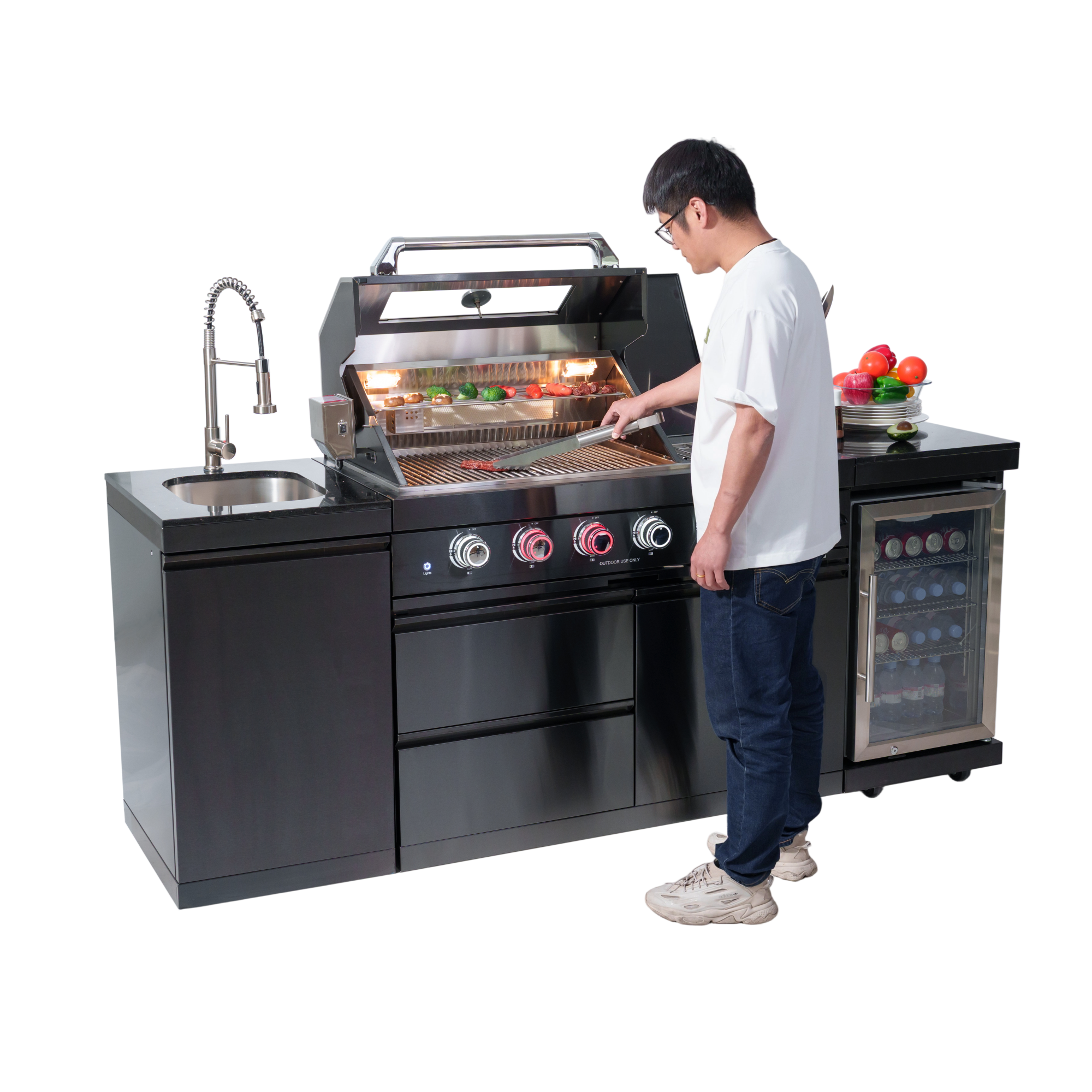 NG 85" 4-Burner 72,000 BTU Black Outdoor Kitchen Island Grill + Refrigerator + Sink by Chery Industrial