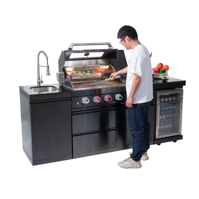 NG 85" 4-Burner 72,000 BTU Black Outdoor Kitchen Island Grill + Refrigerator + Sink by Chery Industrial